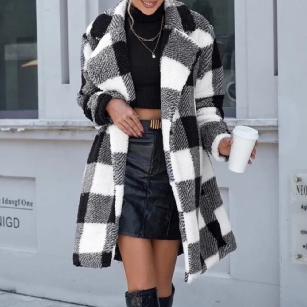 Luxe black white cozy gingham plaid teddy jacket coat - Picture 1 of 6